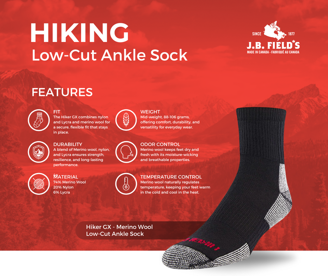 J.B. Field's "Hiker GX" Colourful 74% Merino Wool Low-cut Ankle Socks