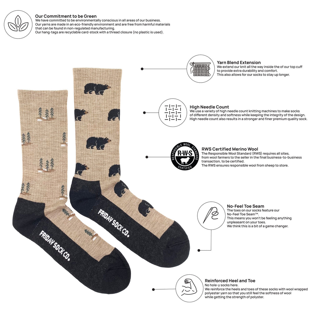 "Bear and Tree" 70% Merino Wool Socks by Friday Sox Co