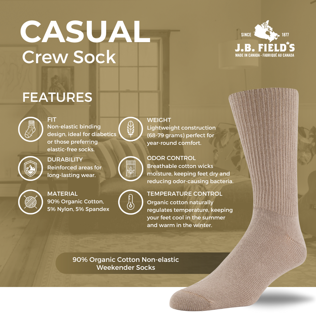 J.B. Field's "Non-elastic Weekender" 90% Organic Cotton Diabetic