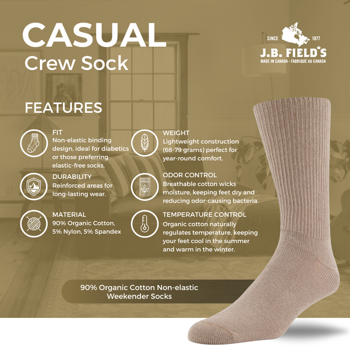 J.B. Field's "Non-elastic Weekender" 90% Organic Cotton Diabetic