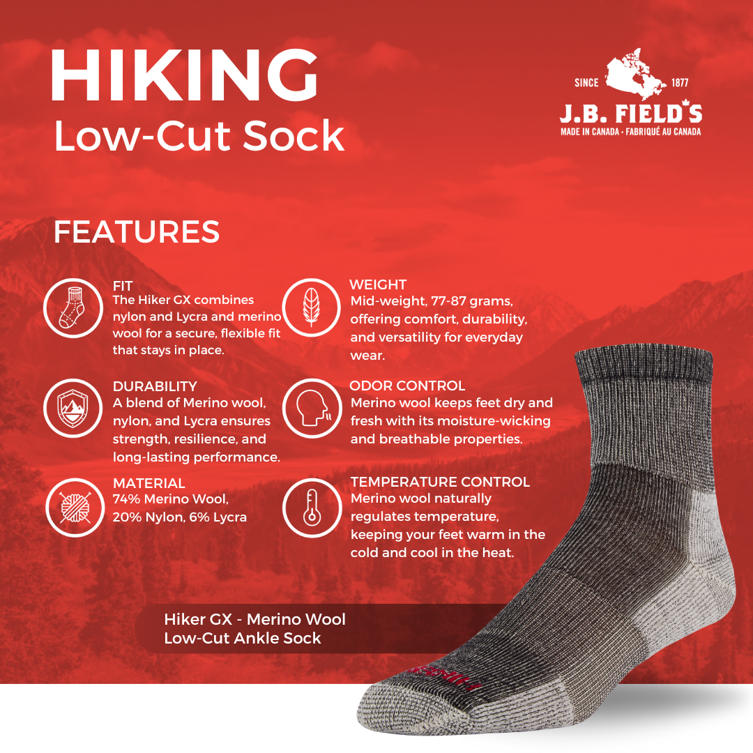 J.B. Field's Hiking "Hiker GX" 74% Merino Wool Low-Cut Ankle Socks