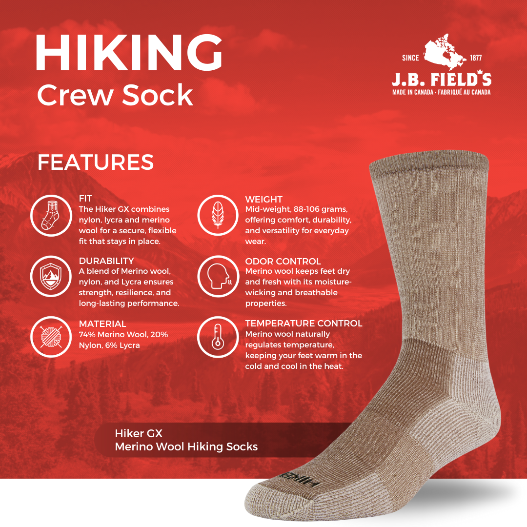 J.B. Field's "Hiker GX" 74% Merino Wool Hiking Crew Sock