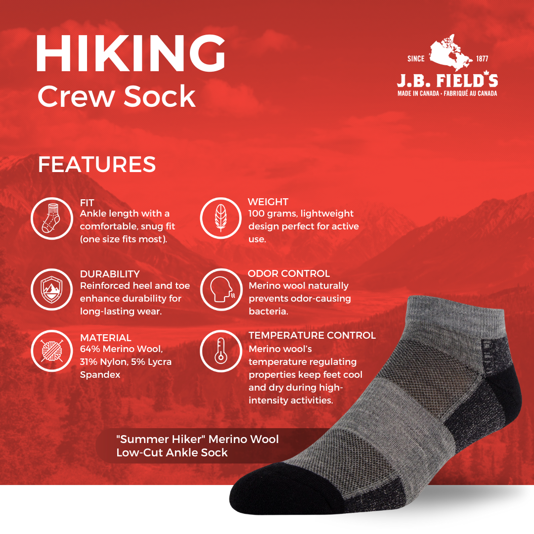 J.B. Field's Hiking "Summer Hiker" Merino Wool Low-Cut Ankle Socks