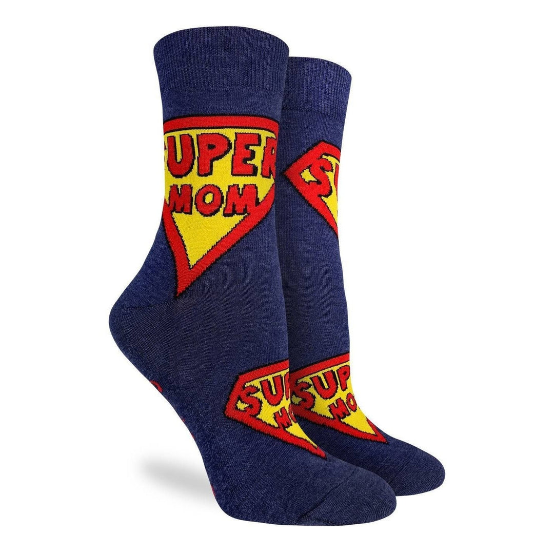 "Super Mom" Cotton Crew Socks by Good Luck Sock - Medium
