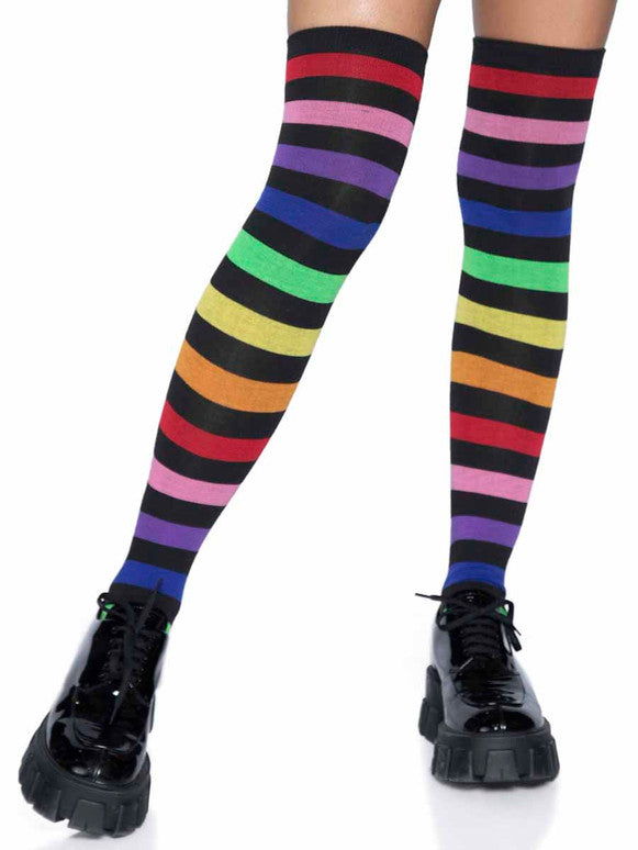 Pair of Women's Blue and Black Wide Striped Thigh High Over the Knee  Stocking Socks (Blue & Black)