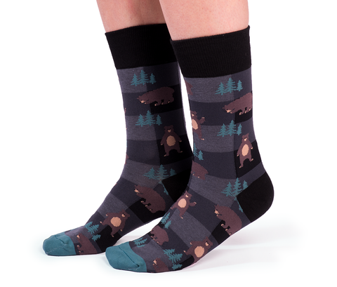 plaid animal socks with bears and trees