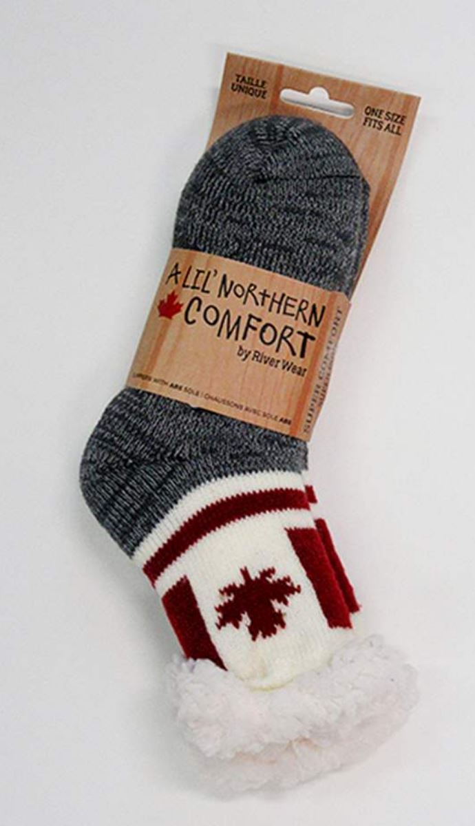 Northern Comfort Kid's Canada Flag Small Sherpa-Lined Grip Slipper Socks