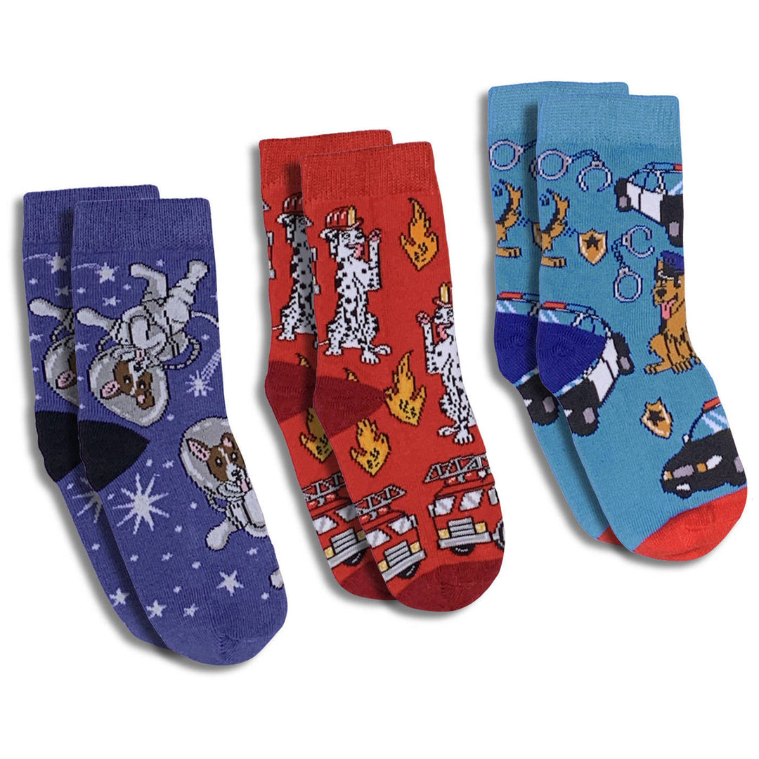 Kids "Astronaut, Fire Fighter and Police Dogs" Socks by Good Luck Sock