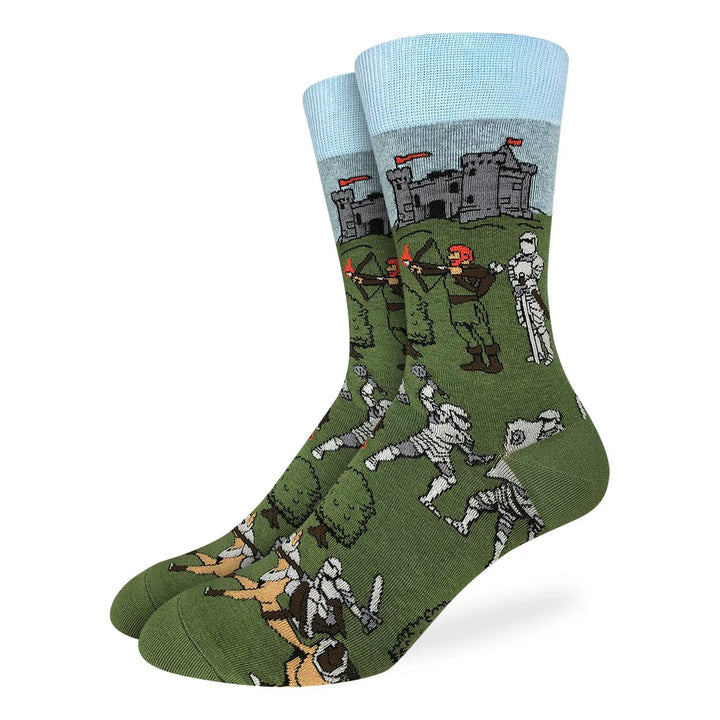 "Medieval Knights" Cotton Crew Socks by Good Luck Sock - Large
