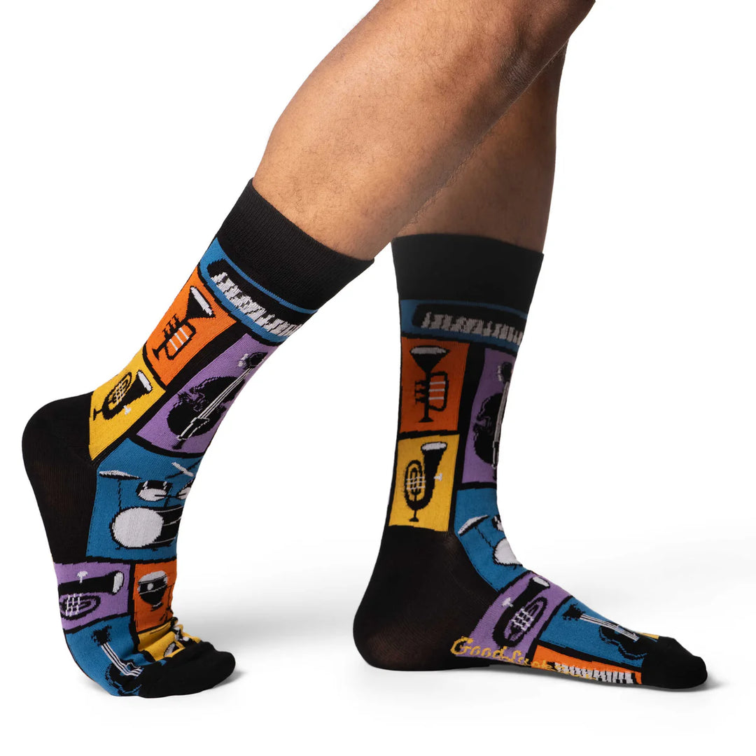 "Jazz Instruments" Cotton Crew Socks by Good Luck Sock - X-Large