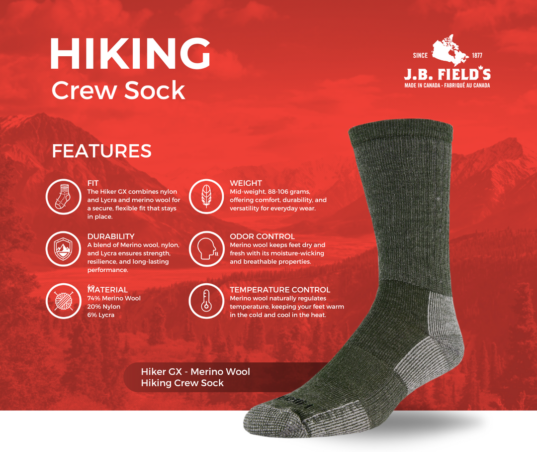 J.B. Field's "Hiker GX" Colourful 74% Merino Wool Hiking Crew Sock