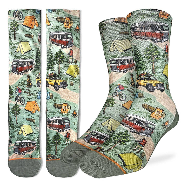 "Vintage Camping Trip" Active Crew Socks by Good Luck Sock- Large