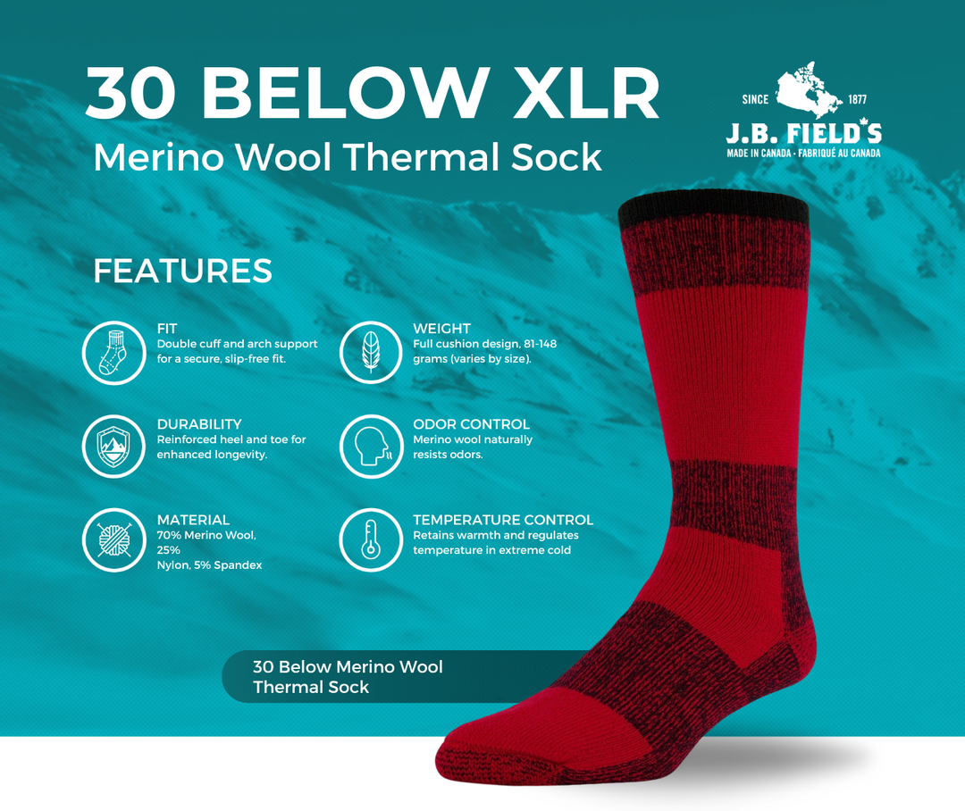 Chaussette thermique en laine mérinos islandaise « 30 Below XLR » de JB Field