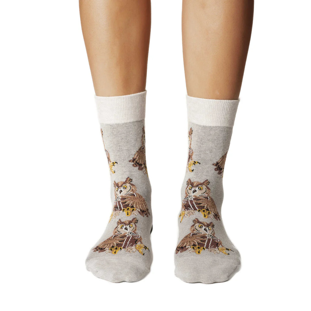 "Book Owl" Cotton Crew Socks by Good Luck Sock - Medium