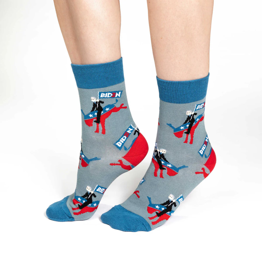 "Joe Biden Riding Donkey" Crew Socks by Good Luck Sock Sock - Medium (CLEARANCE)