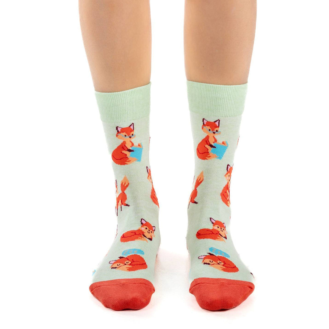 "Cute Fox" Cotton Crew Socks by Good Luck Sock - Medium