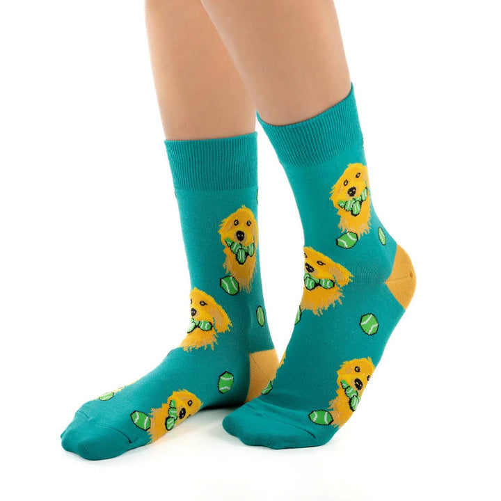 "Golden Retriever with Tennis Balls" Cotton Crew Socks by Good Luck Sock