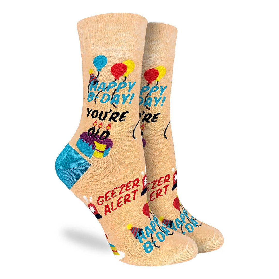 "Happy Birthday Geezer" Cotton Crew Socks by Good Luck Sock - Medium