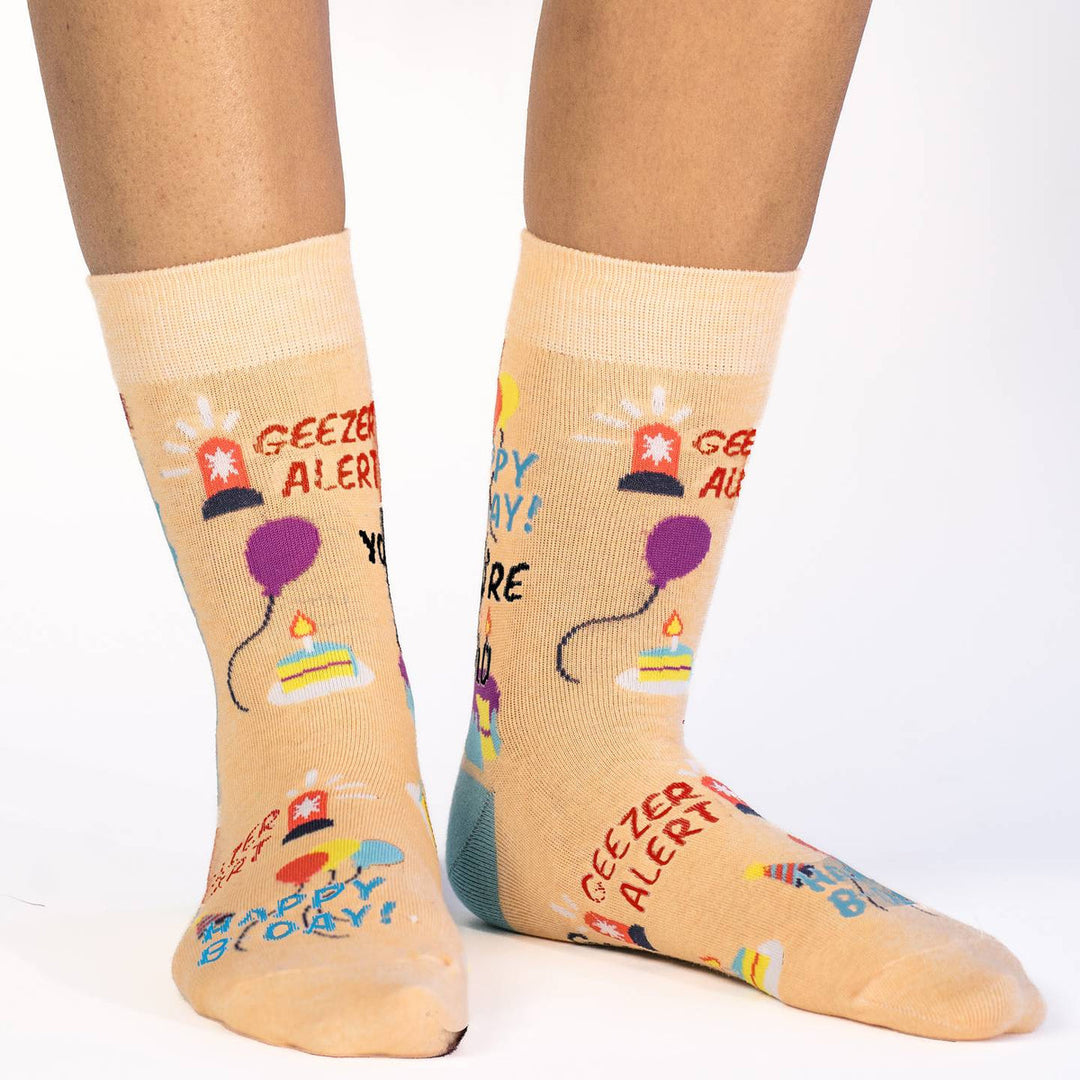 "Happy Birthday Geezer" Cotton Crew Socks by Good Luck Sock - Medium