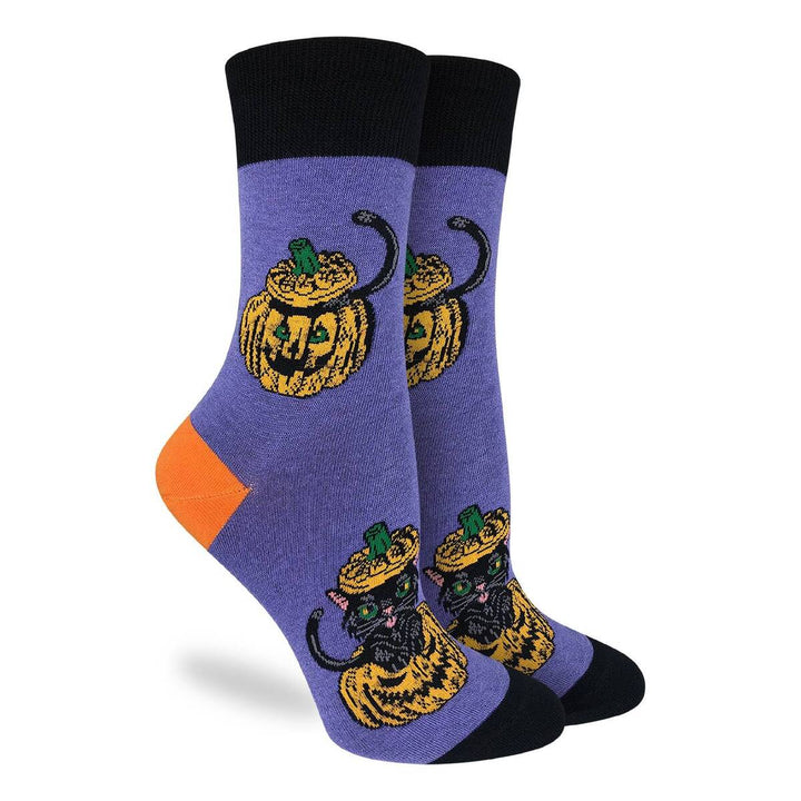 "Black Cats Hiding in Pumpkins" Cotton Crew Socks by Good Luck Sock - Medium (CLEARANCE)