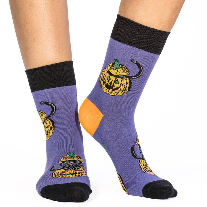 "Black Cats Hiding in Pumpkins" Cotton Crew Socks by Good Luck Sock - Medium (CLEARANCE)