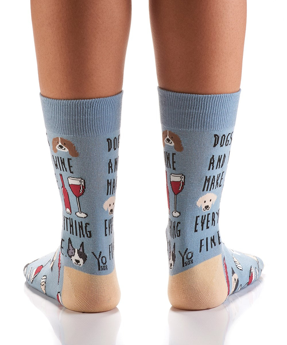 "Dogs and Wine" Cotton Dress Crew Socks by YO Sox -Medium