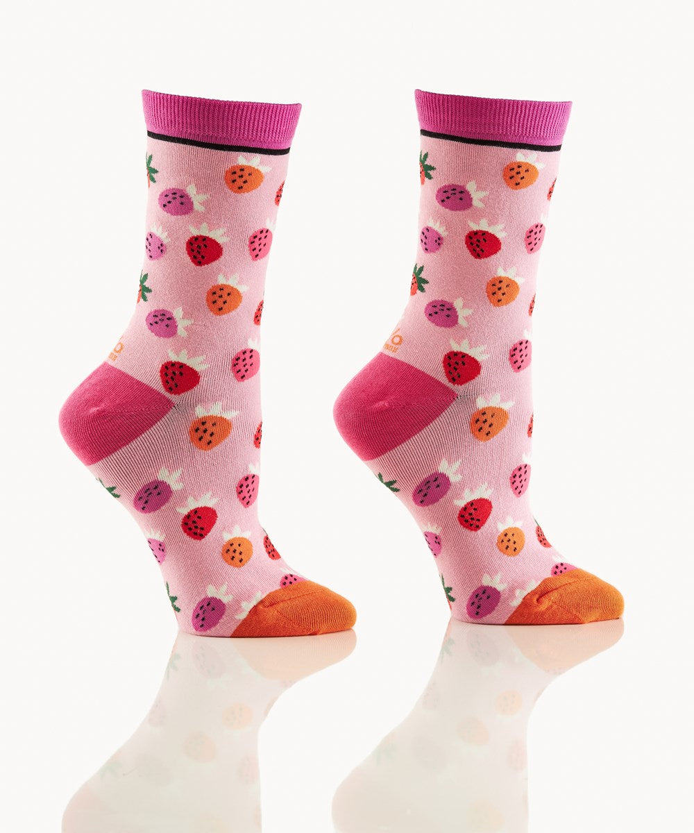 "Strawberries" Cotton Dress Crew Socks by YO Sox -Medium