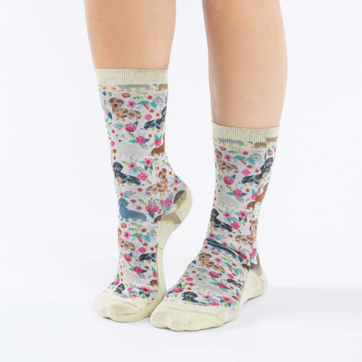 "Floral Dachshunds" Active Fit Crew Socks by Good Luck Sock - Medium