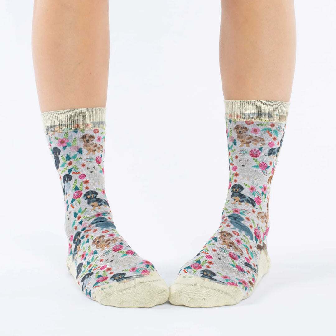 "Floral Dachshunds" Active Fit Crew Socks by Good Luck Sock - Medium