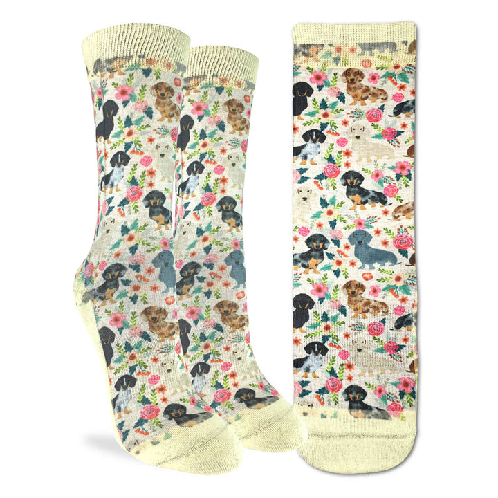 "Floral Dachshunds" Active Fit Crew Socks by Good Luck Sock - Medium