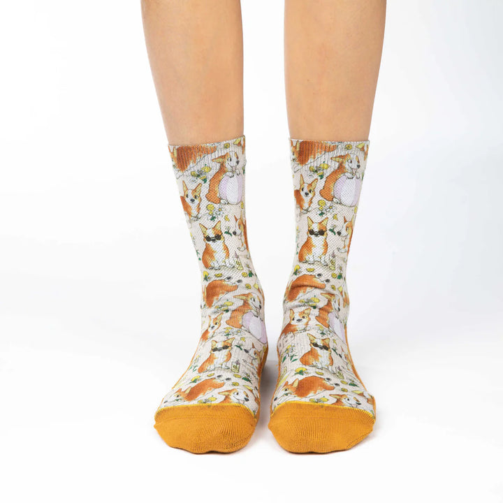 "Corgis on a Beach" Active Fit Crew Socks by Good Luck Sock - Medium
