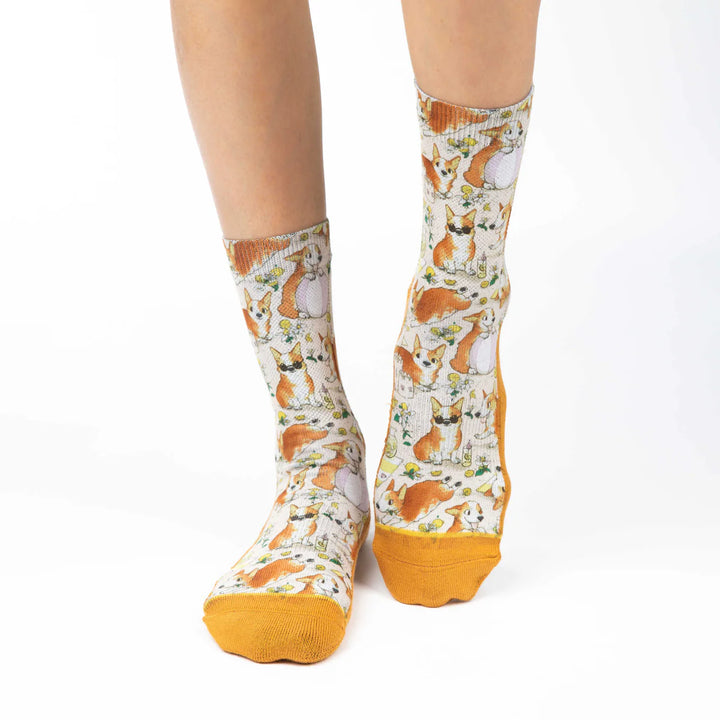 "Corgis on a Beach" Active Fit Crew Socks by Good Luck Sock - Medium