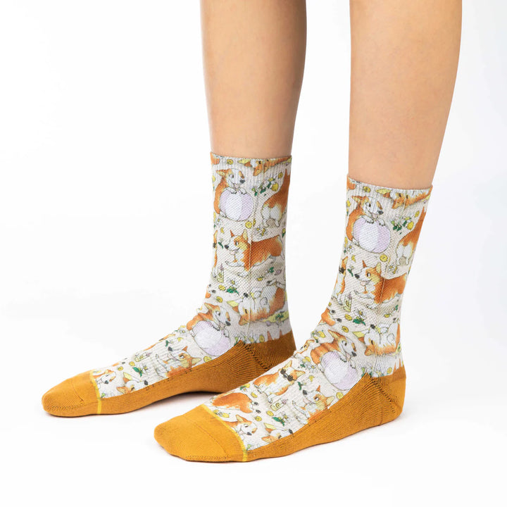 "Corgis on a Beach" Active Fit Crew Socks by Good Luck Sock - Medium