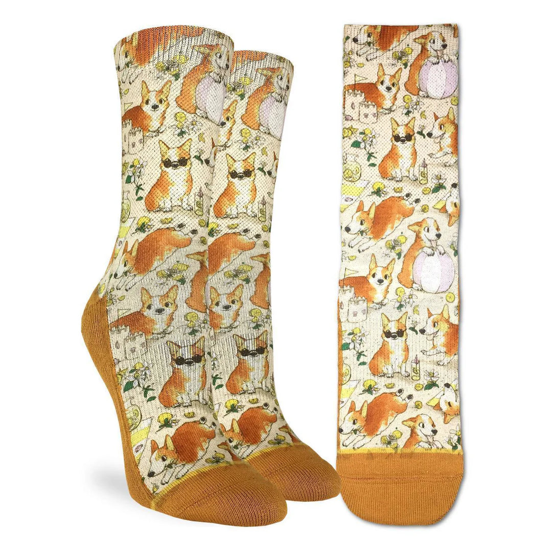 "Corgis on a Beach" Active Fit Crew Socks by Good Luck Sock - Medium