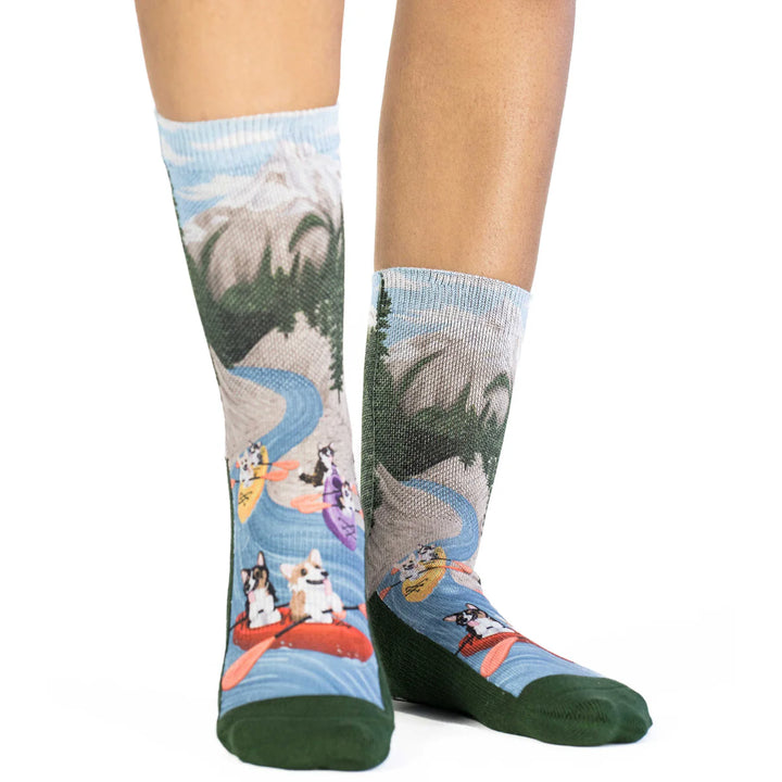 "Corgi's Kayaking" Active Fit Crew Socks by Good Luck Sock - Medium