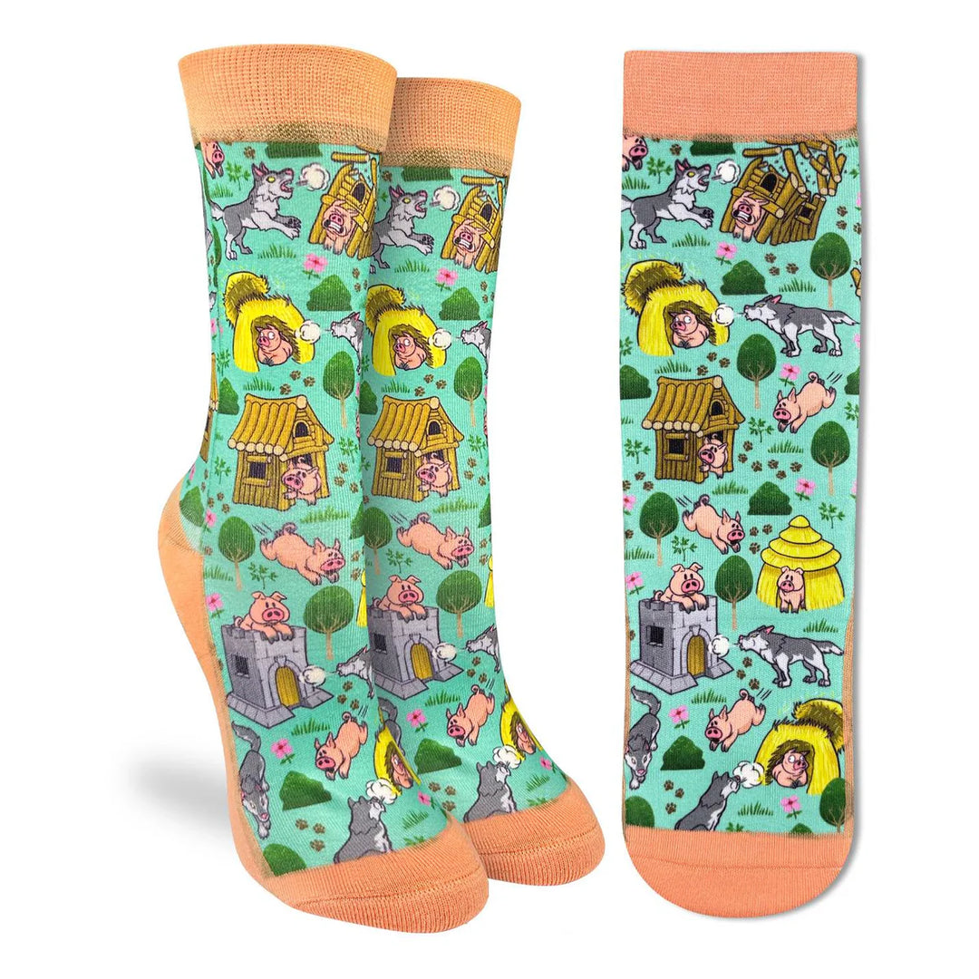 "The Three Little Pigs" Active Fit Crew Socks by Good Luck Sock - Medium