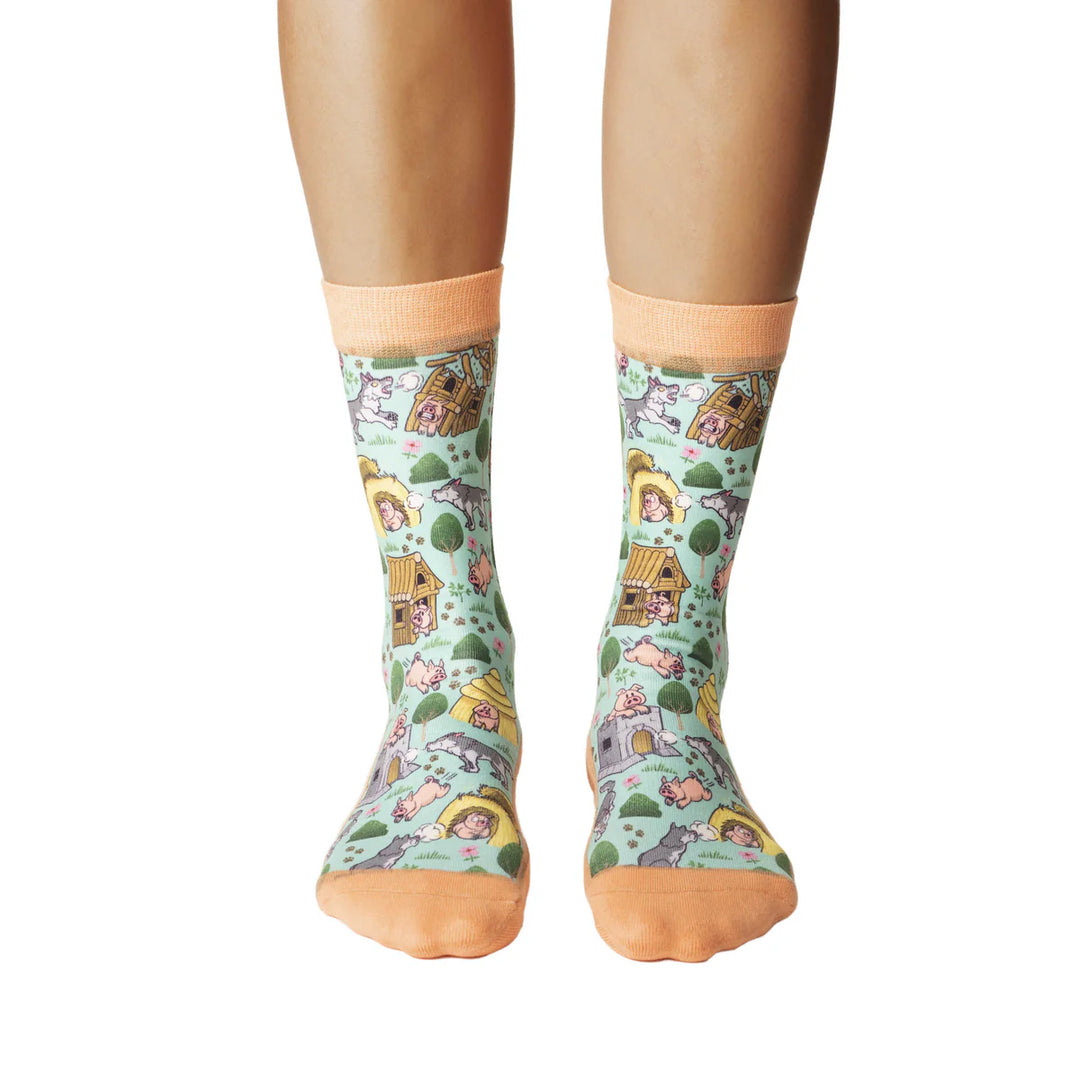 "The Three Little Pigs" Active Fit Crew Socks by Good Luck Sock - Medium