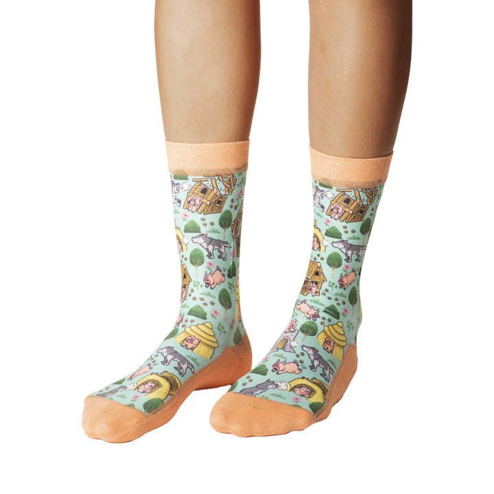 "The Three Little Pigs" Active Fit Crew Socks by Good Luck Sock - Medium