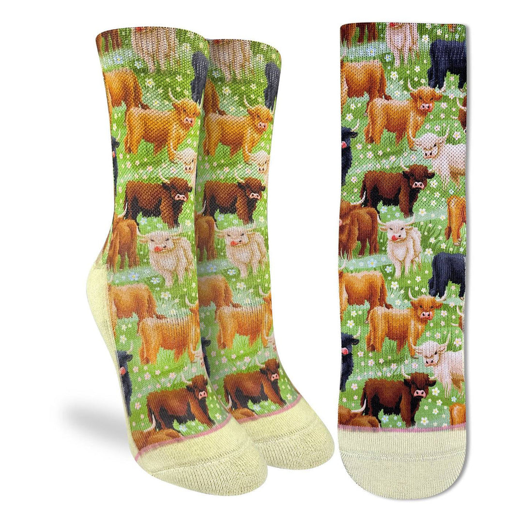 "Highland Cows" Active Crew Socks by Good Luck Sock - Medium