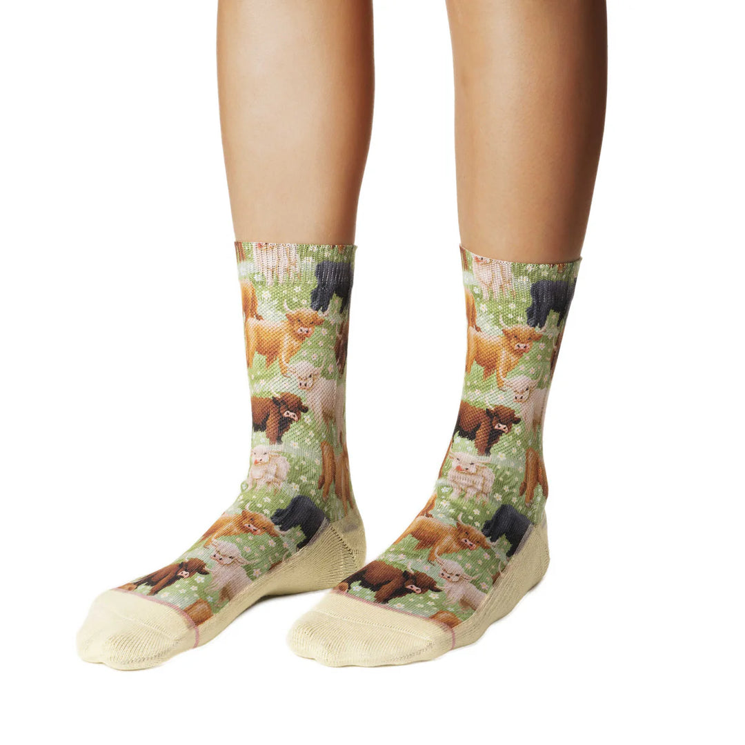 "Highland Cows" Active Crew Socks by Good Luck Sock - Medium