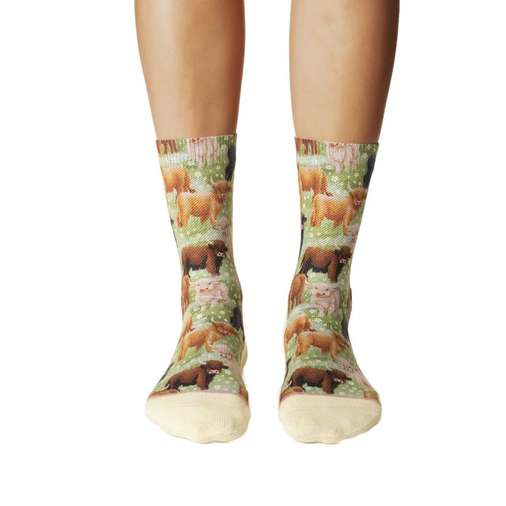"Highland Cows" Active Crew Socks by Good Luck Sock - Medium