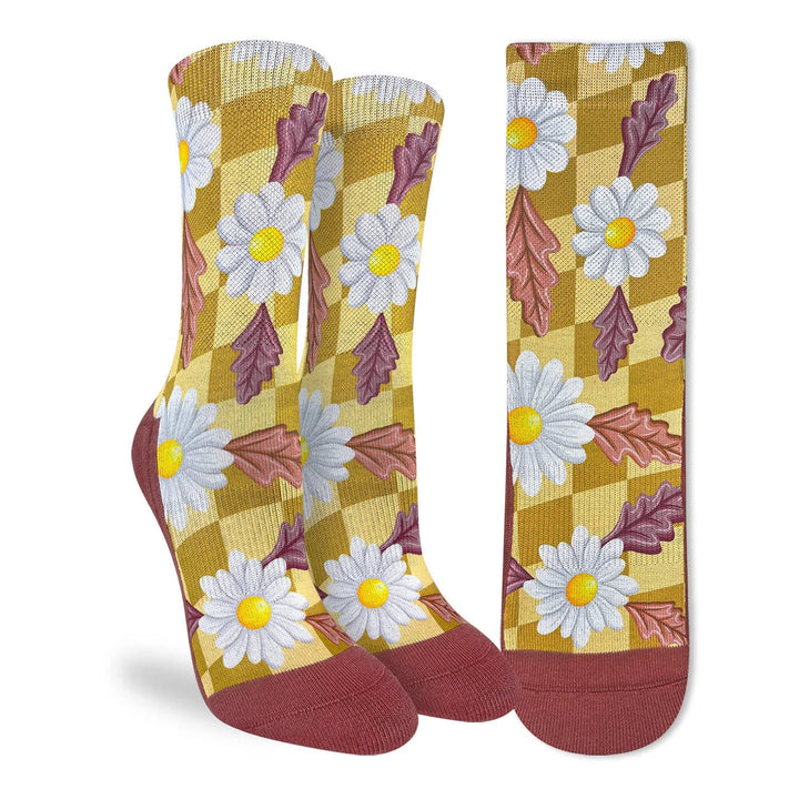"Checkered Daisies" Active Fit Crew Socks by Good Luck Sock - Medium