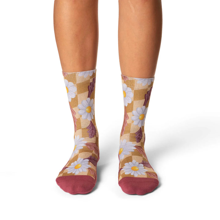 "Checkered Daisies" Active Fit Crew Socks by Good Luck Sock - Medium