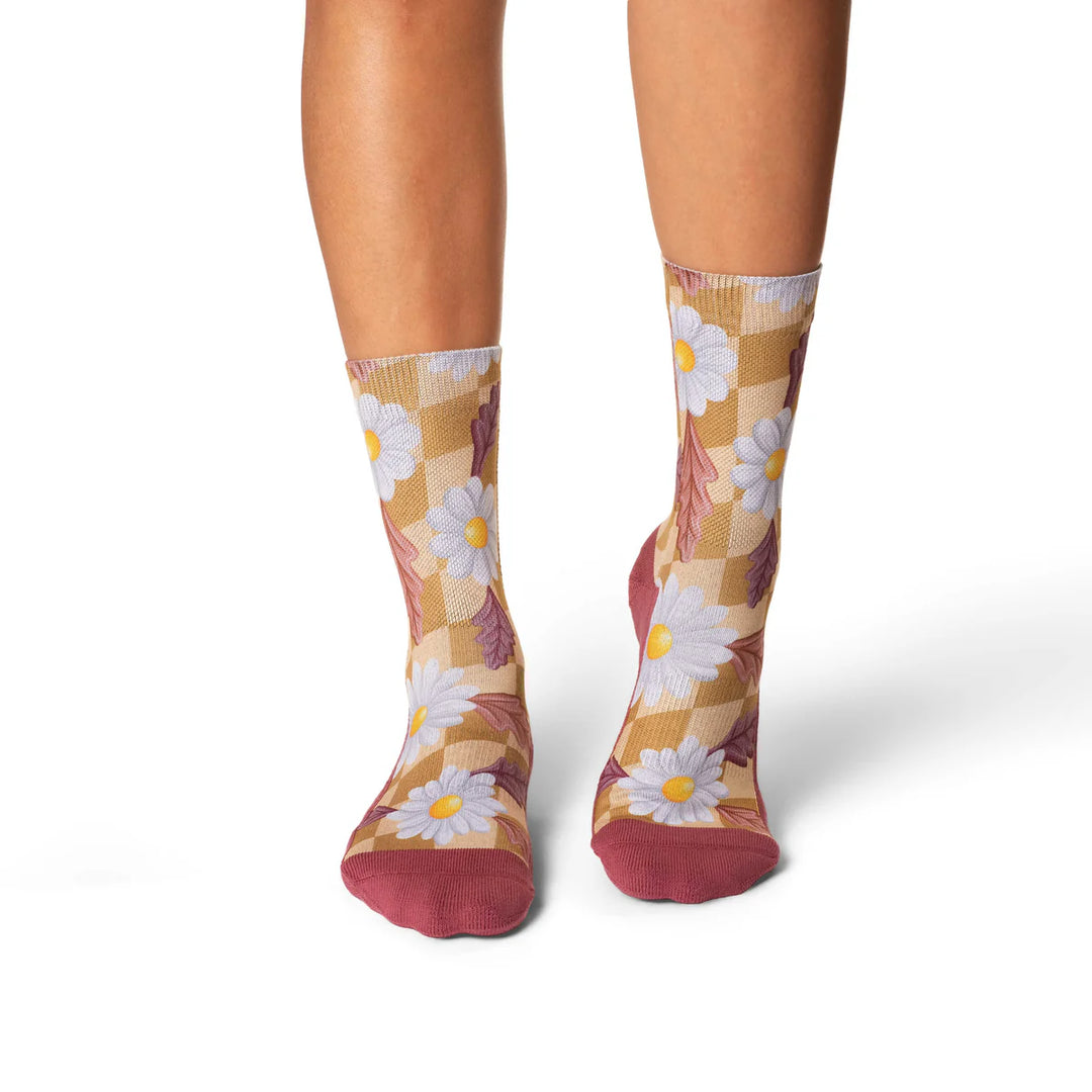 "Checkered Daisies" Active Fit Crew Socks by Good Luck Sock - Medium