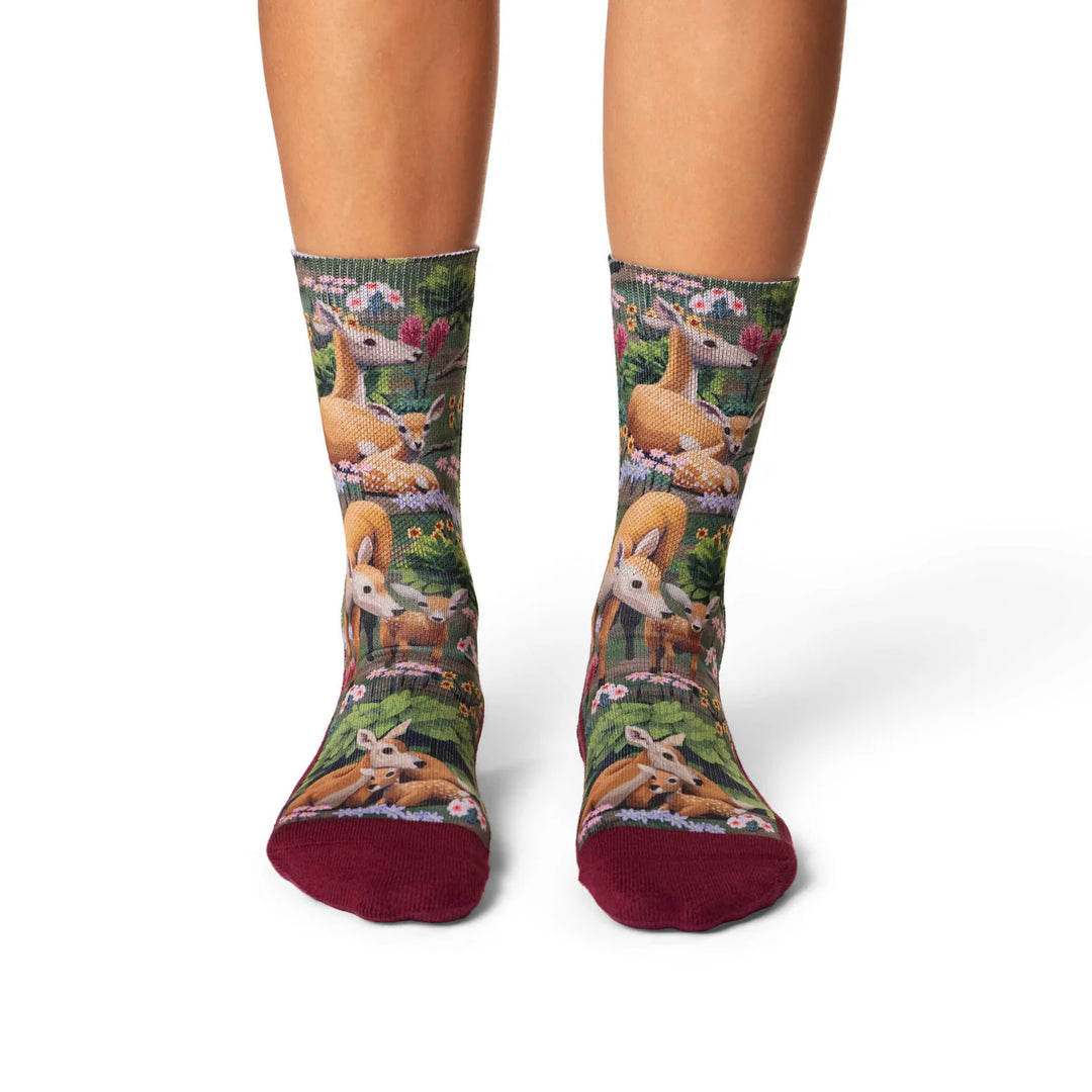 "Female Deer and Fawn" Active Crew Socks by Good Luck Sock - Medium