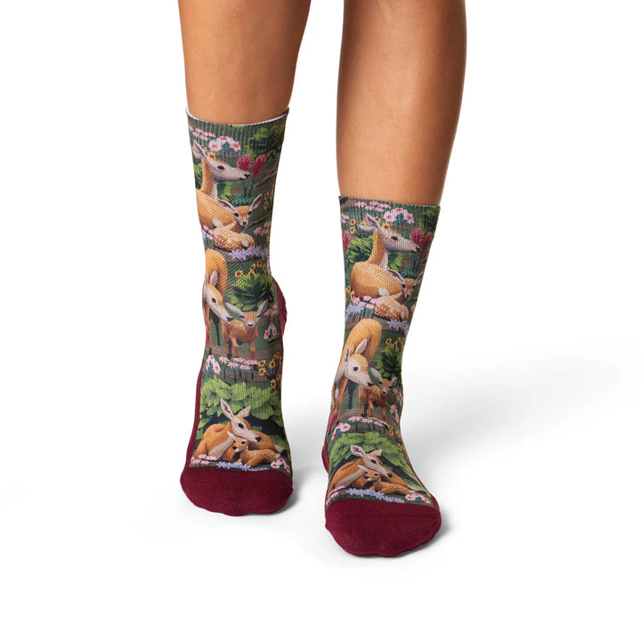 "Female Deer and Fawn" Active Crew Socks by Good Luck Sock - Medium