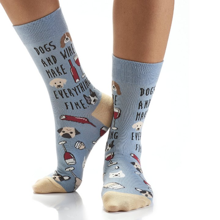 "Dogs and Wine" Cotton Dress Crew Socks by YO Sox -Medium