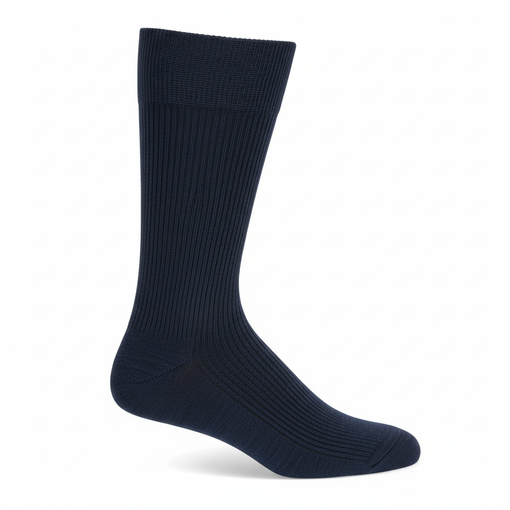 A single dark navy blue ribbed crew sock shown in a side profile on a clean white background.
