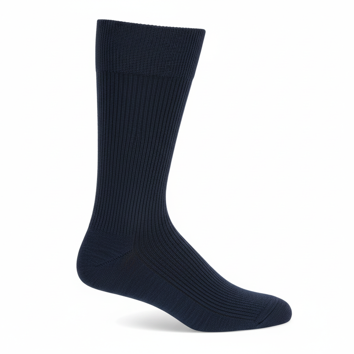A single dark navy blue ribbed crew sock shown in a side profile on a clean white background.