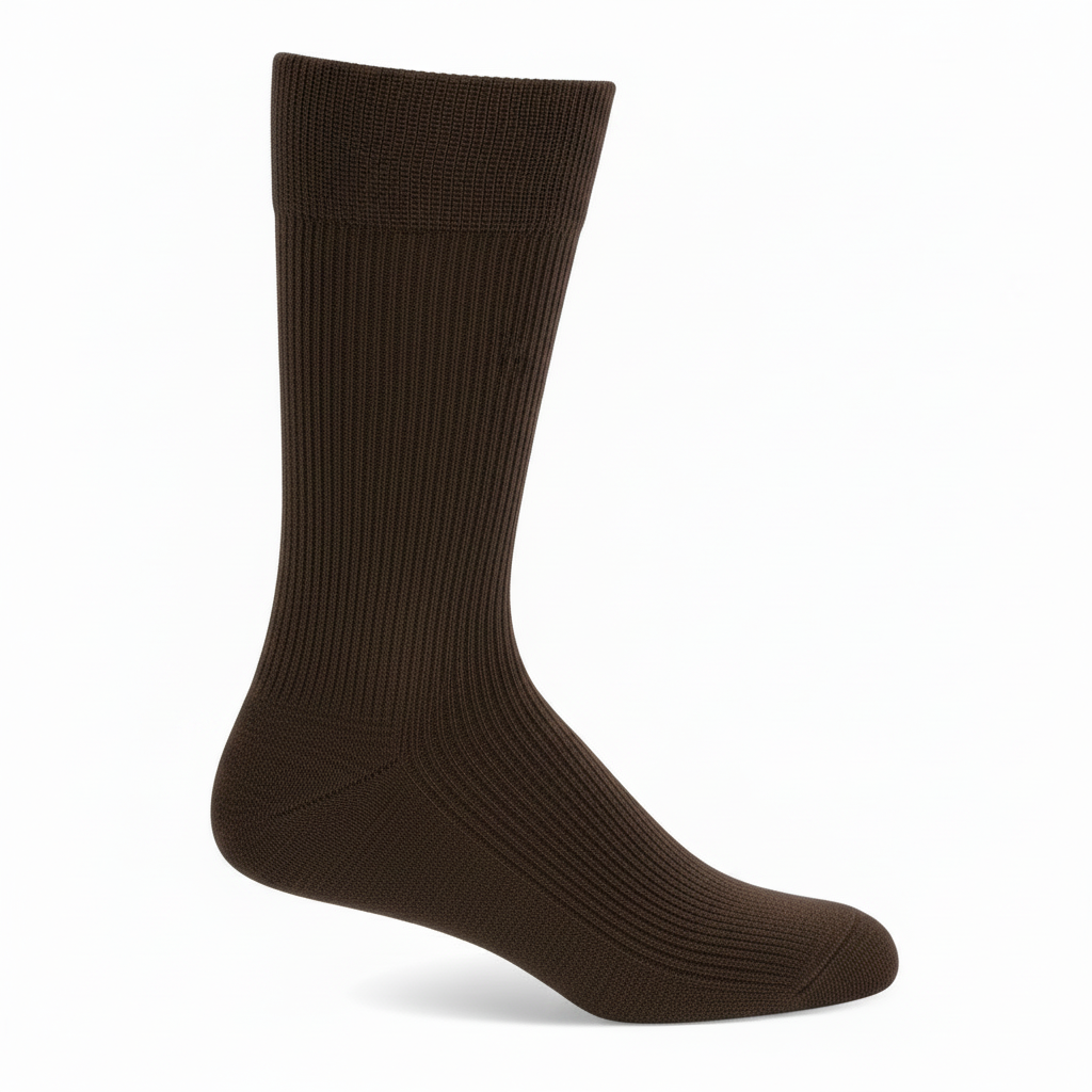A single dark brown ribbed crew sock shown in a side profile on a clean white background.